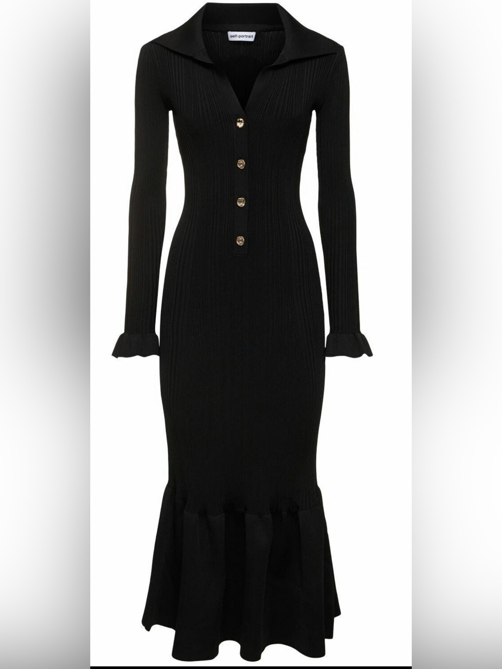 Self-Portrait Black Ribbed Knit Fluted Midi Dress $555 - Size Medium